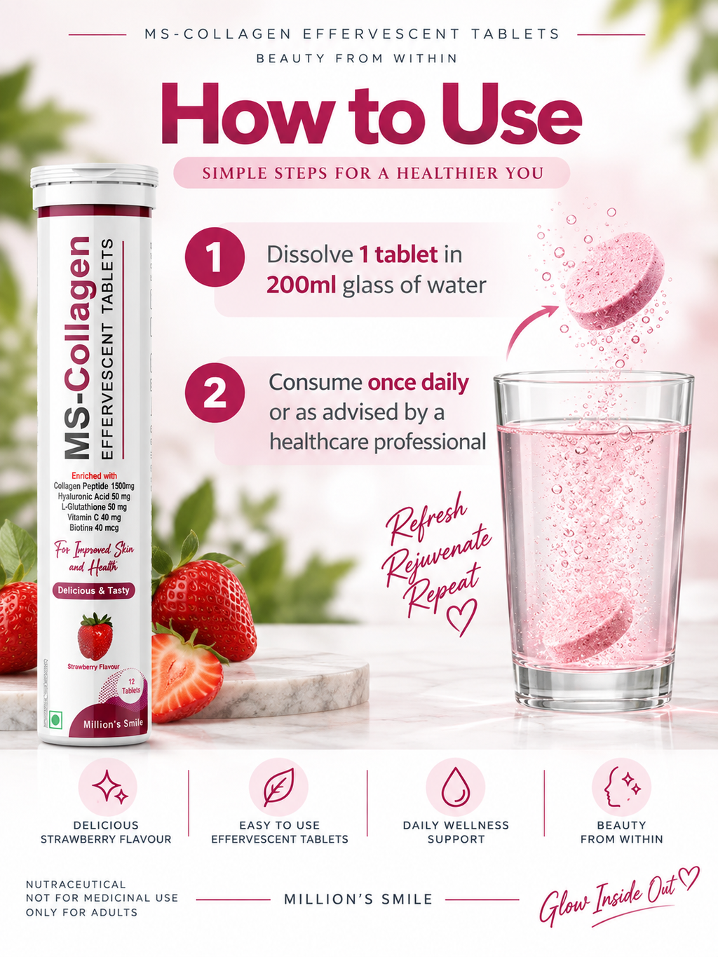 MS-Collagen Effervescent Tablets – Strawberry Flavour (15 Tablets)