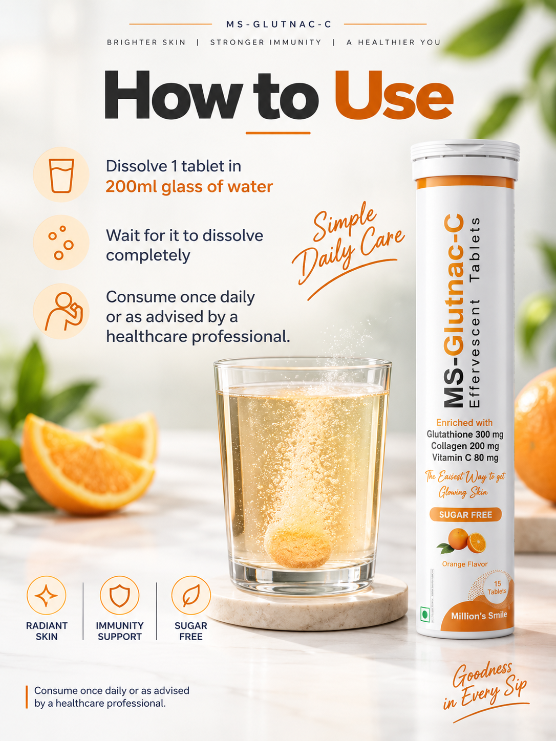 MS-Glutnac-C Effervescent Tablets – Orange Flavour (15 Tablets)