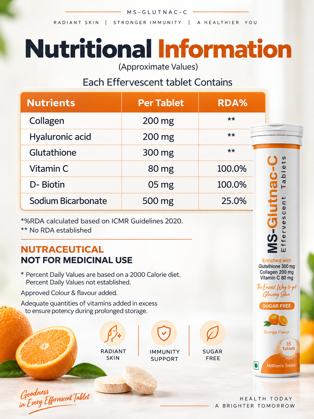 MS-Glutnac-C Effervescent Tablets – Orange Flavour (15 Tablets)