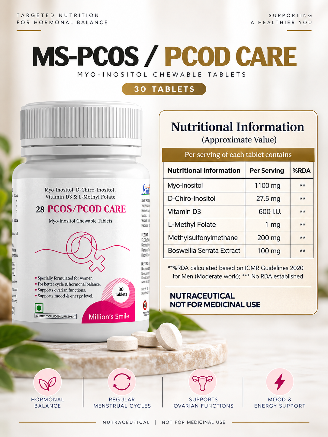 MS-PCOS / PCOD Care Myo-Inositol Chewable Tablets – 30 Tablets