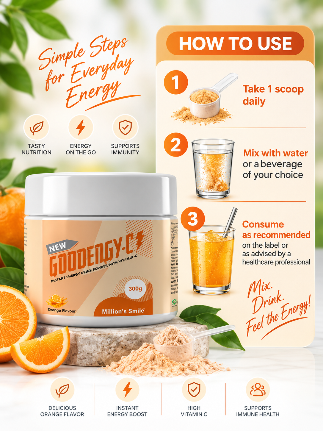 MS - Goodengy-C Instant Energy Drink Powder with Vitamin C – Orange Flavour (300 g)