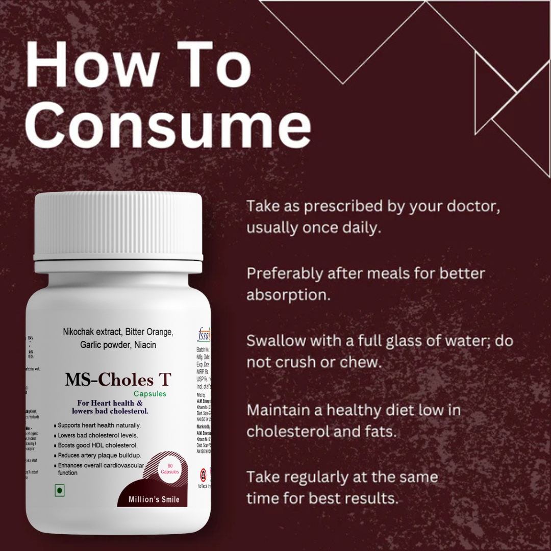 MS-Choles T supplement bottle with consumption instructions on a maroon background