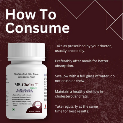 MS-Choles T supplement bottle with consumption instructions on a maroon background