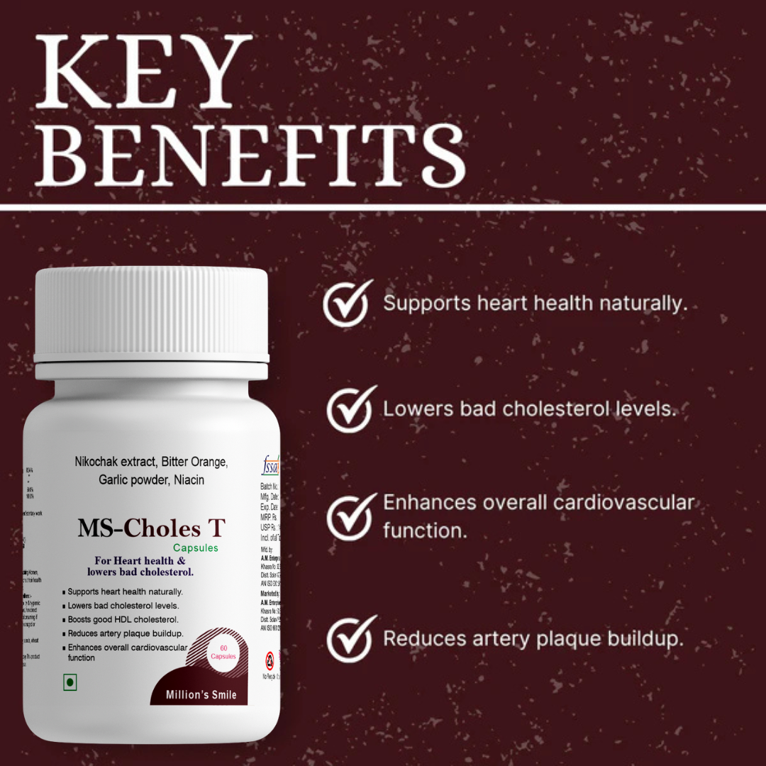 MS-Choles T capsules bottle with key benefits listed on a dark red background