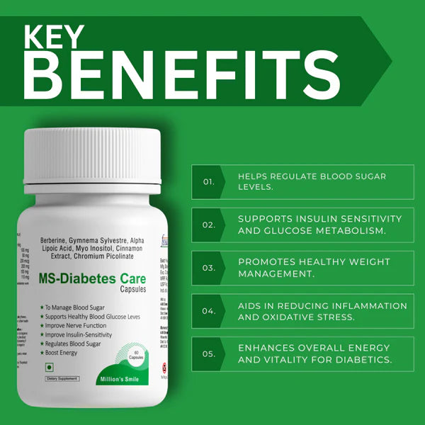 MS-Diabetes Care capsules with key benefits listed on a green background