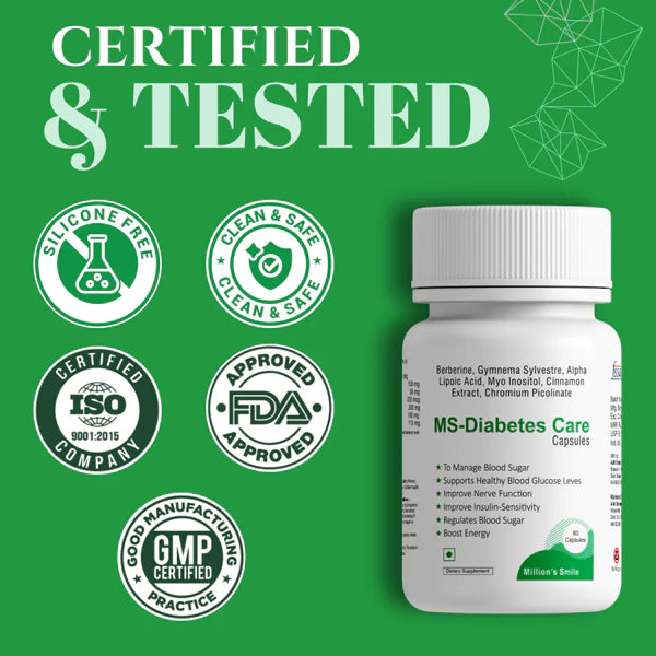 Bottle of MS Diabetes Care capsules with certification logos on a green background