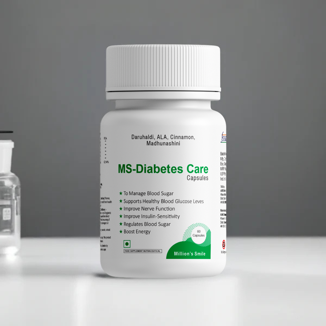 Bottle of MS-Diabetes Care Capsules on a gray background