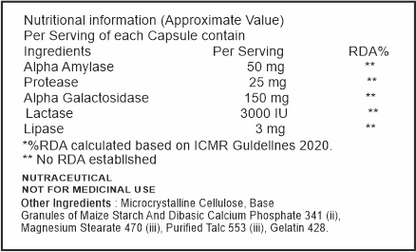 Nutritional information and ingredient list for a dietary supplement capsule on a white background.