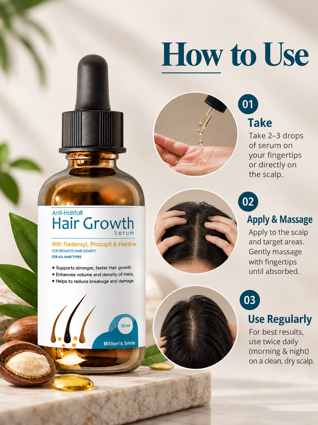 Million’s Smile Anti-Hairfall Hair Growth Serum with Redensyl, Procapil & Hairiline – 50ml