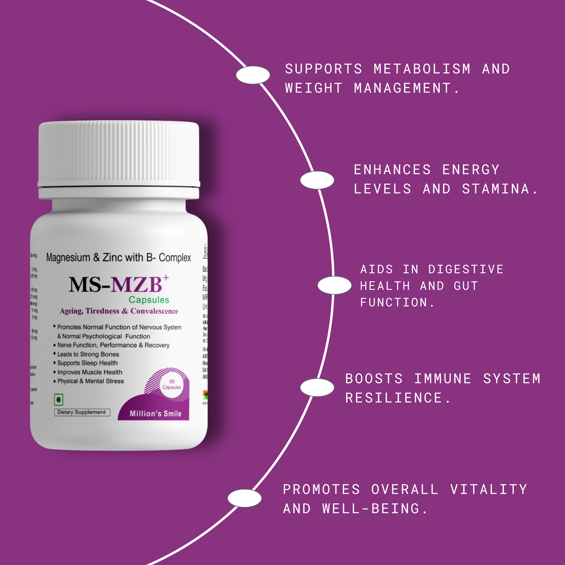 MS-MZB capsules bottle with health benefits on a purple background