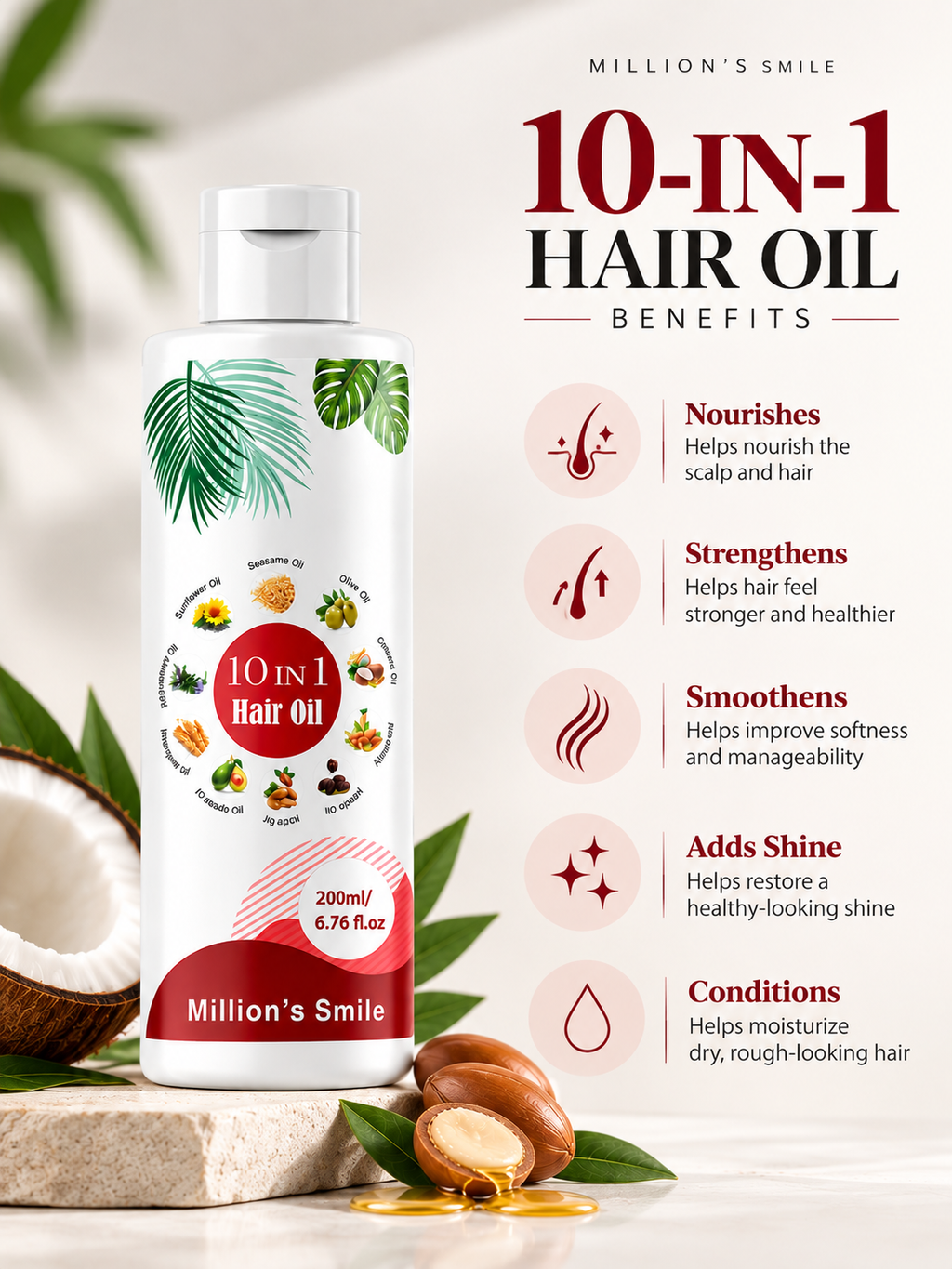 Million’s Smile 10-in-1 Hair Oil for Hair Fall Control, Hair Growth & Stronger, Shinier Hair – 200ml