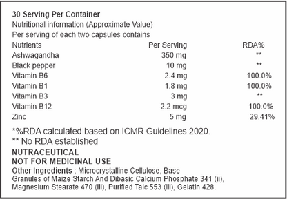 Nutritional information label for a dietary supplement with various vitamins and minerals listed.