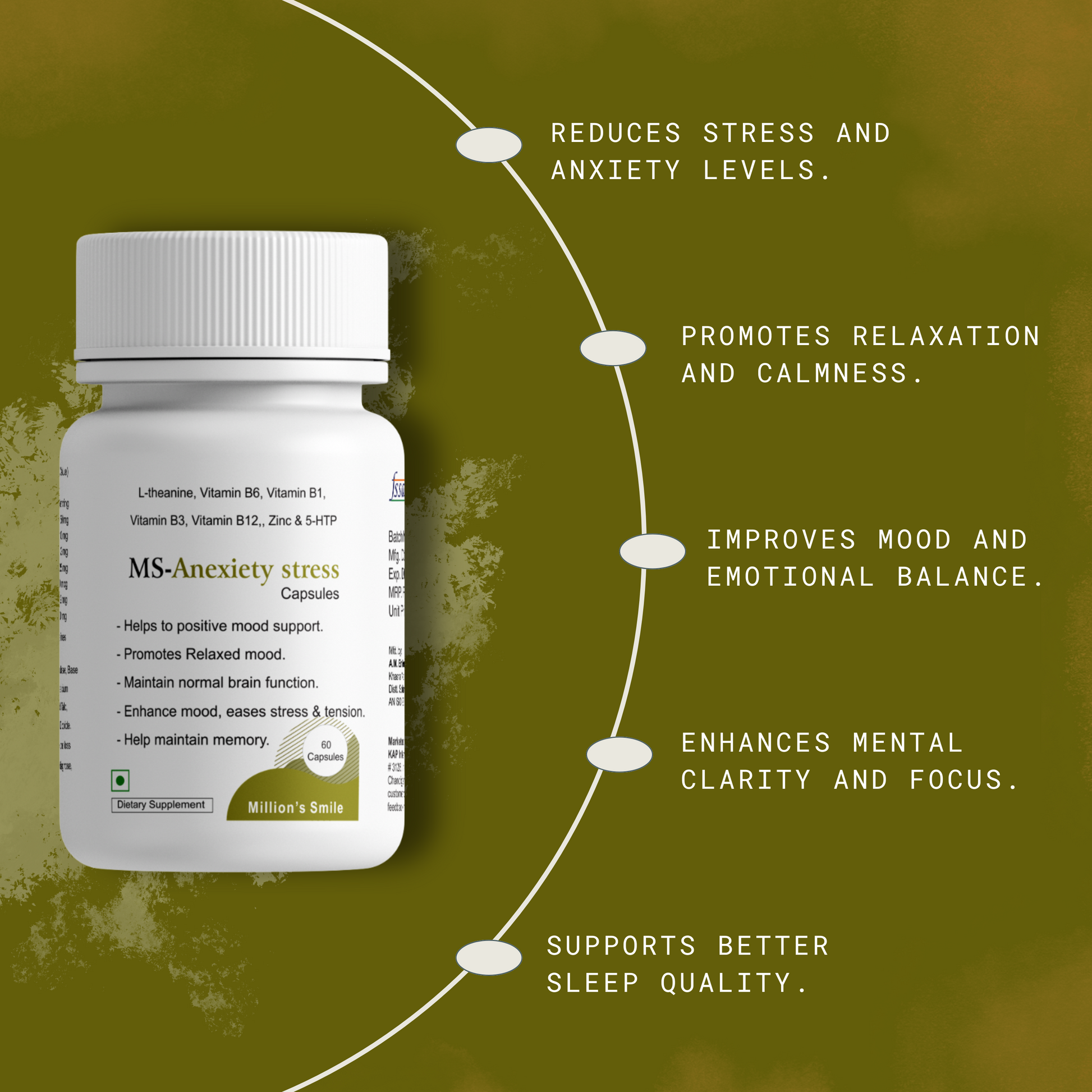 Bottle of MS-Anxiety stress capsules with text on a green background