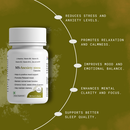 Bottle of MS-Anxiety stress capsules with text on a green background