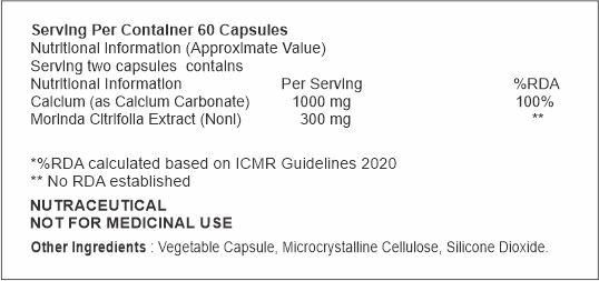 Nutritional label for a supplement with calcium and Morinda Citrifolia Extract on a white background
