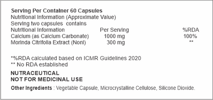 Nutritional label for a supplement with calcium and Morinda Citrifolia Extract on a white background