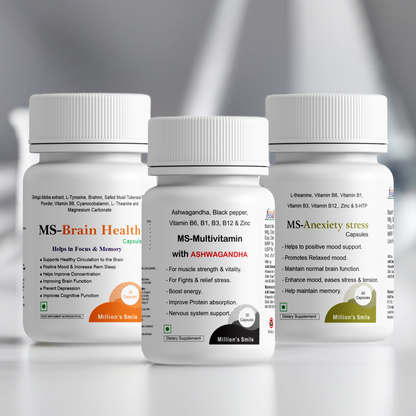 Three supplement bottles labeled 'MS-Brain Health', 'MS-Multivitamin with Ashwagandha', and 'MS-Anxiety stress' on a gray background.