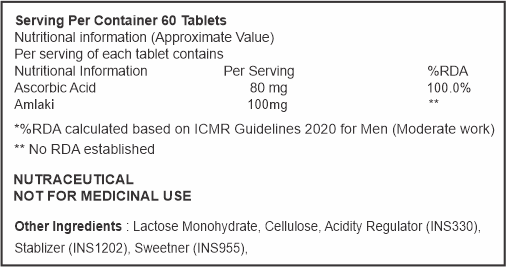 Nutritional information label for a supplement with ingredients and RDA details.
