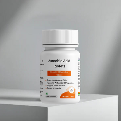 Bottle of Ascorbic Acid Tablets on a gray background