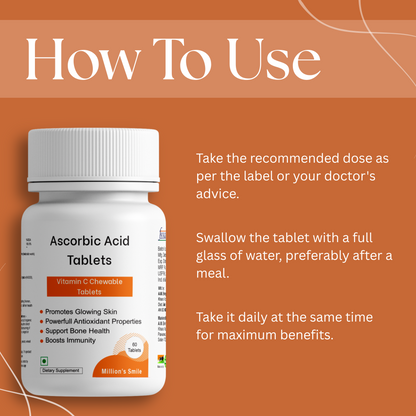 Bottle of Ascorbic Acid Tablets with usage instructions on an orange background