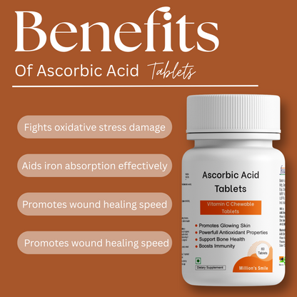 Ascorbic Acid Tablets bottle with benefits listed on a brown background