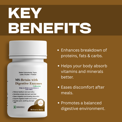 Bottle of MS-Betain with Digestive Enzymes on a brown background with key benefits listed.