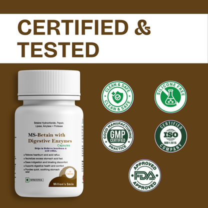 Bottle of MS-Betain with Digestive Enzymes on a brown background with certification logos.