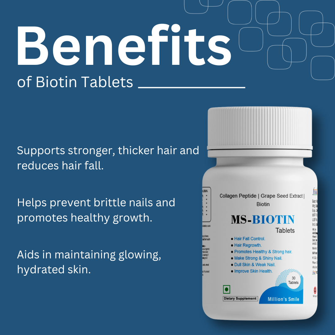 MS-Biotin tablets bottle with benefits listed on a blue background