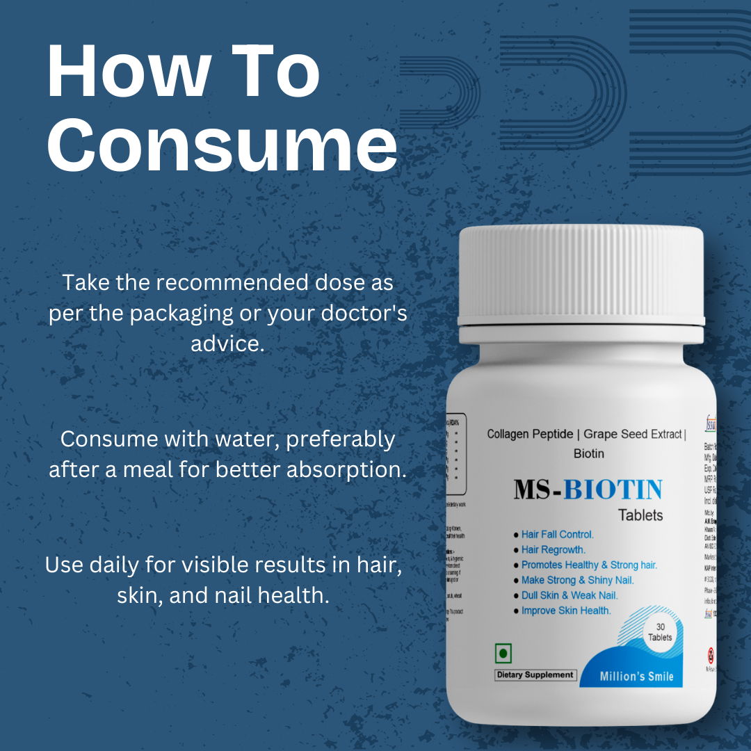 MS-Biotin supplement bottle with consumption instructions on a blue background
