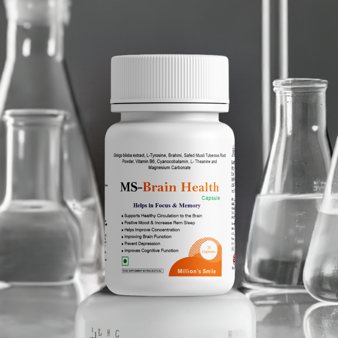 Bottle labeled 'MS Brain Health' with scientific glassware in the background