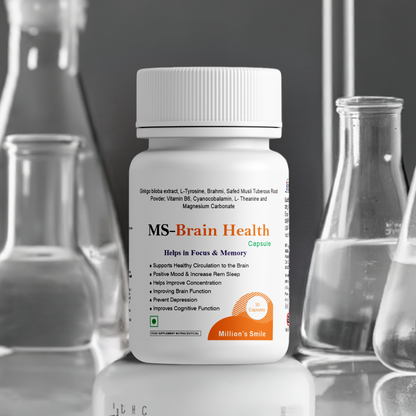 Bottle labeled 'MS Brain Health' with scientific glassware in the background
