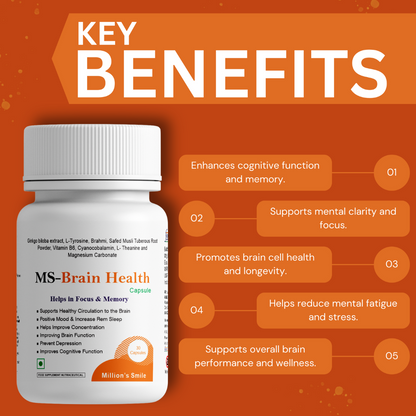 MS-Brain Health supplement bottle with key benefits listed on an orange background