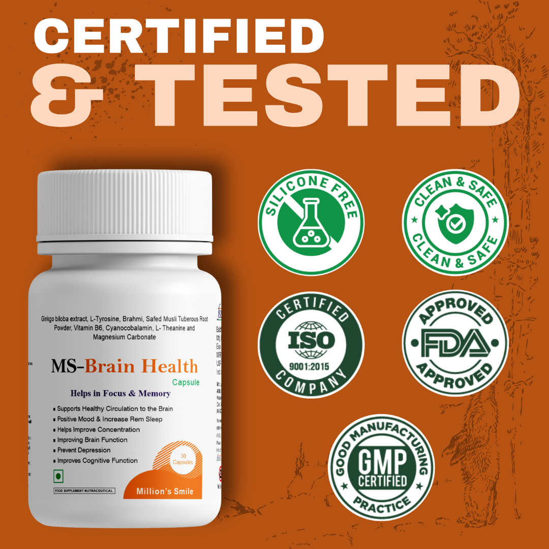 Supplement bottle labeled 'MS Brain Health' with certification logos on an orange background