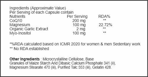 Nutritional label with ingredients and their approximate values per serving on a white background.