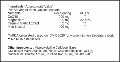 Nutritional label with ingredients and their approximate values per serving on a white background.