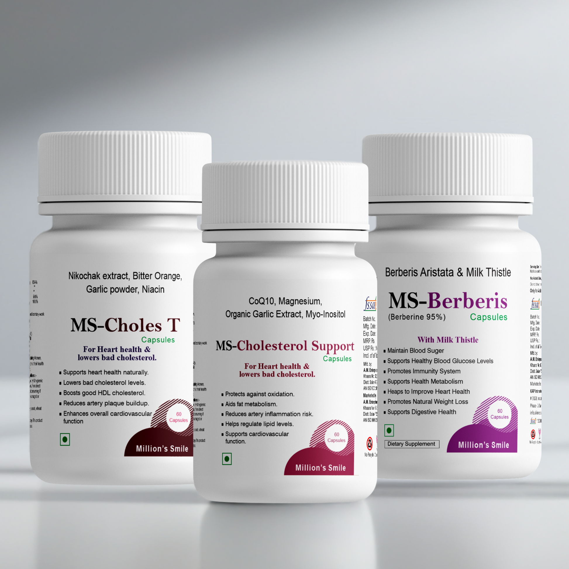 Three bottles of dietary supplements with labels on a gray background