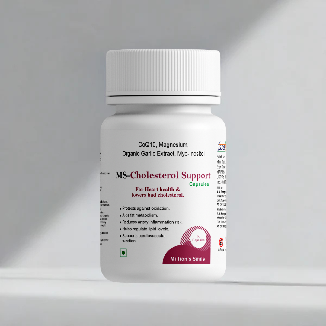 Bottle of MS-Cholesterol Support capsules on a gray background