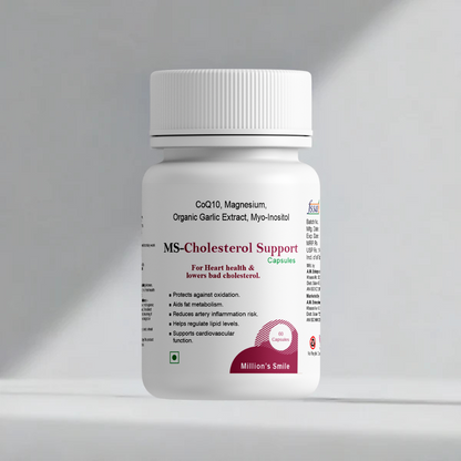 Bottle of MS-Cholesterol Support capsules on a gray background
