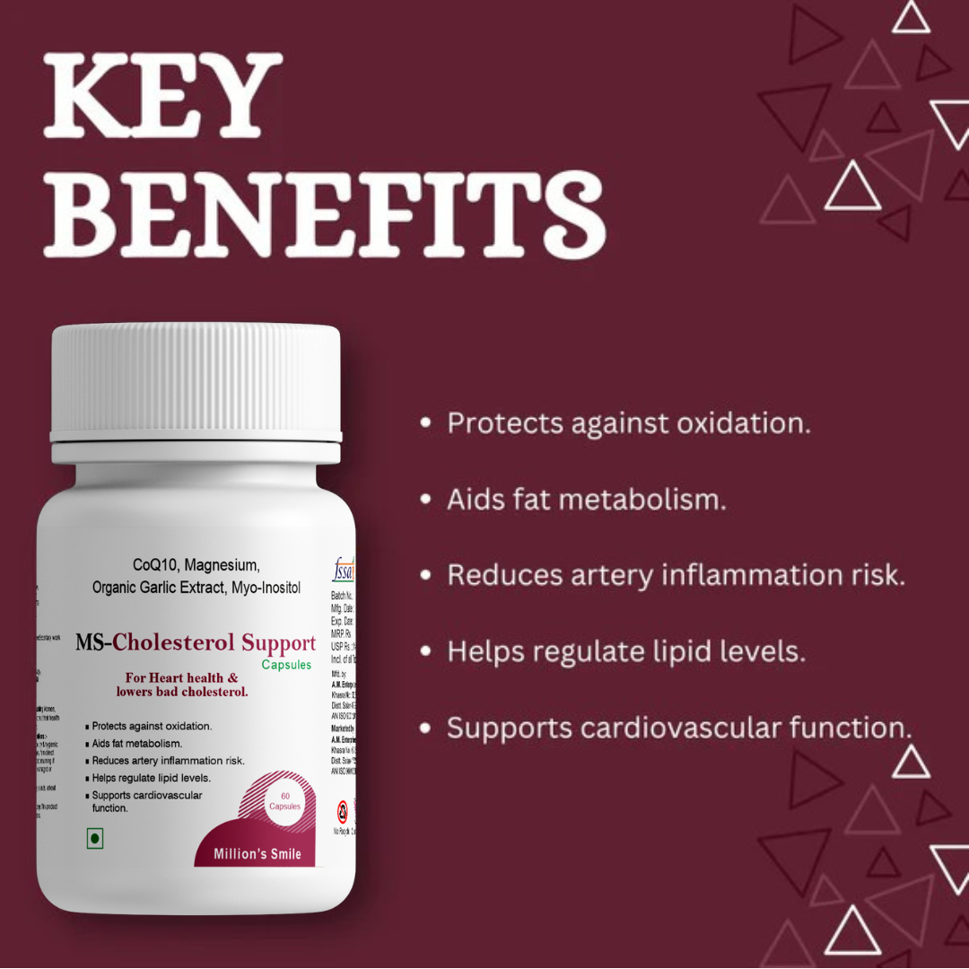 Bottle of MS Cholesterol Support supplement with key benefits listed on a maroon background