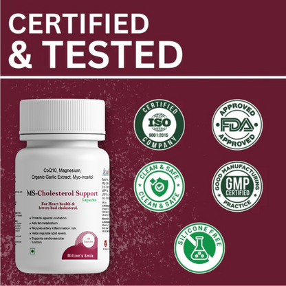 Supplement bottle labeled 'MS Cholesterol Support' with certification logos on a maroon background