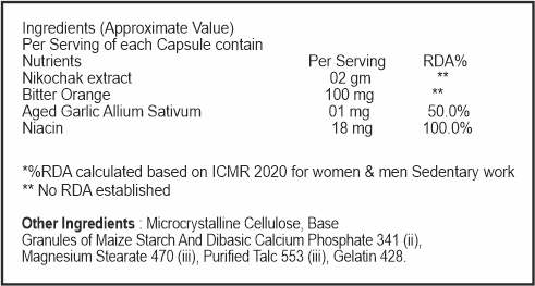 Nutritional label for a supplement capsule with ingredients and their approximate values.