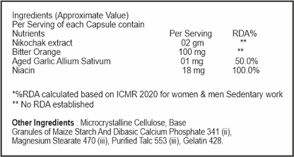 Nutritional label for a supplement capsule with ingredients and their approximate values.