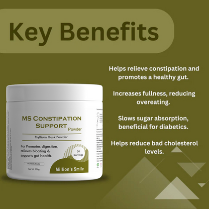 MS Constipation Support Powder container with key benefits listed on a green background