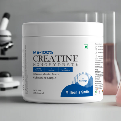 Creatine monohydrate supplement container with branding on a blurred background