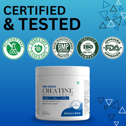 Creatine monohydrate supplement container with certification logos on a blue background
