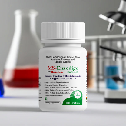 Bottle of MS-Enzodige capsules with a laboratory setting in the background
