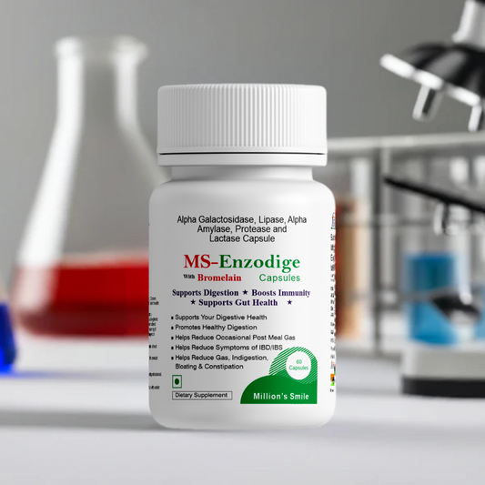 Bottle of MS-Enzodige capsules with a laboratory setting in the background