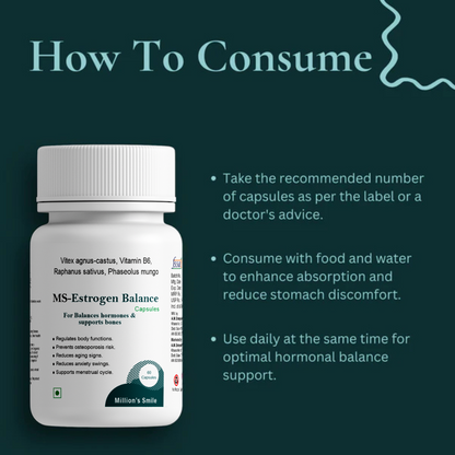 Bottle of MS-Estrogen Balance capsules with consumption instructions on a dark green background