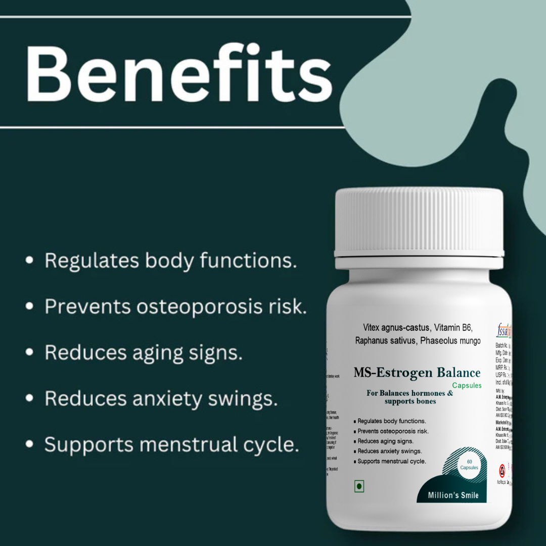 Bottle of MS-Estrogen Balance capsules with benefits listed on a dark green background