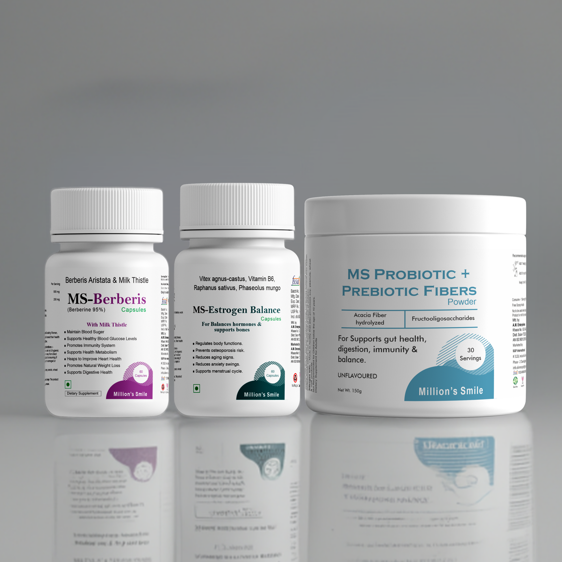 Three health supplement containers on a reflective surface with a gray background